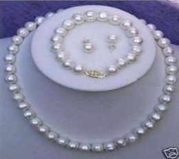 89mm White Cultured Freshwater Pearl Necklace Bracelet Earring Set1607001