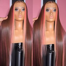 Peruvian Soft Hair HD Lace Brown Pink 13x4 Straight Lace Frontal Wig For Women Pink Highlight Body Lace Front Simulation Human Hair Wig Iofr