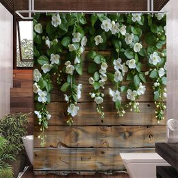 Shower Curtains Green Plant Curtain Natural Vines Rustic Plank Floral Farm Brick Wall Scenery Polyester Fabric Bathroom Decor Set