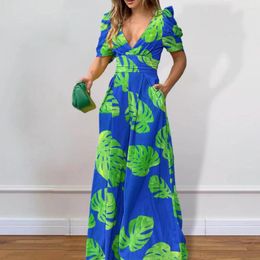 Casual Dresses A-line Silhouette Dress Stylish Leaf Print Maxi With V Neck High Waist Side Pockets For Summer Commute Office Style