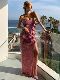 Casual Dresses Women Luxury Sexy Strapless Split Bow Tie Mesh Sequins Pink Maxi Long Bodycon Gowns Dress Elegant Evening Party Club