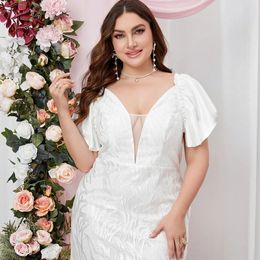 Women Plus Size Party Dresses V-neck Mesh Lace Up Backless Sexy Ruffle Sleeve Short Dress Temperament Elegant Evening Dresses 240530