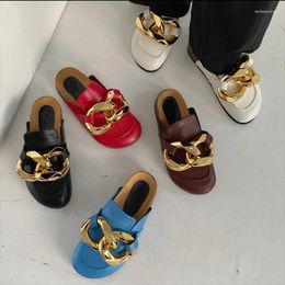 Slippers Brand Design Gold Chain Women Closed Toe Slip On Mules Shoes Round Low Heels Casual Slides