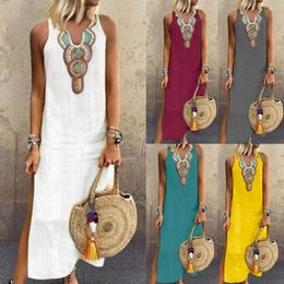 Casual Dresses Summer Women Paisley Print V Neck Sleeveless Split Maxi Linen Loose Kaftan Dress