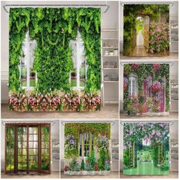 Shower Curtains Street Flowers Green Vine Plants Window Pink Floral Butterfly Garden Wall Hanging Home Bathroom Decor With Hooks