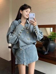 Work Dresses High Quality Korean Fashion Two Piece Set Women Casual Denim Jacket Loose Coat Waist A-line Skirt Jeans Mini