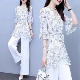 Women's Two Piece Pants Set For Summer 2024 High-End Fashiona Chiffon Beautiful Long T-Shirt And White Pant Suits Female Elegant