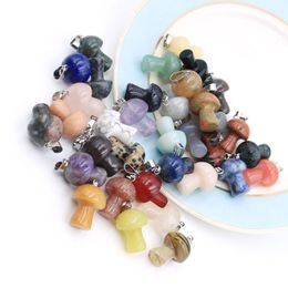 Natural Stone Carved 20mm Mushroom charms pink Quartz amethyst agate Crystal Tiger Eye Hand Pendant Charms For DIY Jewellery Making Necklace