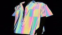 Spring summer holographic reflection colorful reflective shirt men short sleeve street hip hop punk blouse man vintage casual rain8614250