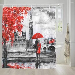 Shower Curtains Oil Painting Art Street View Of London River And Bus Bridge Artwork Big Ben Black White Red Graphic Decor