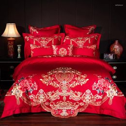 Bedding Sets Luxury Classical Flowers Embroidery Cotton Red Chinese Style Wedding Set Duvet Cover Bed Sheet/Linen Pillowcases