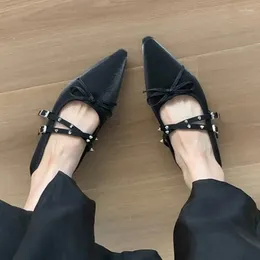 Casual Shoes Ballet Flats Women 2024 Double Buckle Pointed Toe Bow Designer Black Low Heels Zapatos Mujer 1593N