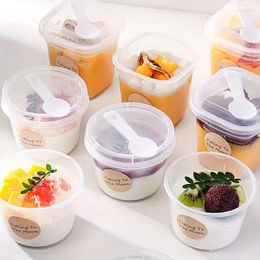 Disposable Cups Straws 10sets 220ml 280ml Plastic Transparent With Lid And Spoon For Pudding Dessert Reusable Food Packaging Cup Icecream