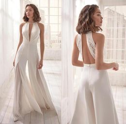 Beach White Jumpsuit Evenning Dresses Sexy Sleeveless Hollow Back Ruched Satin Party Wear Appliqued Lace In Stock Special Occasion2980905