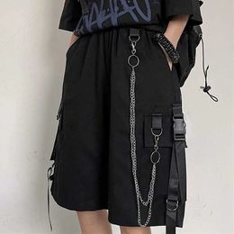 Casual Loose Cargo Shorts Women Harajuku Hip Hop Punk Large Pocket Wide Leg Shorts Fashion Chain High Waist Joggers Short Pants 240523