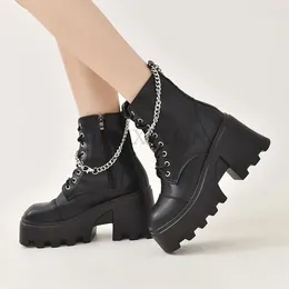Boots Thick Soled Heeled Sponge Cake Short With Raised Round Toe Punk Style Mid Tube Motorcycle Boot Chain Decoration