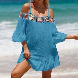 Women'S Vacation Fashion Loose Size Swimwear Crochet Knit One Shoulder Top Casual Short Solid Color Sun Protection Beach Skirt