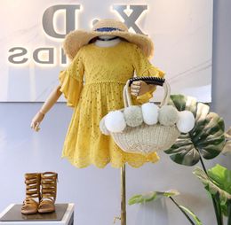 Girls dresses kids lace hollow floral embroidery party dress children flare sleeve mustard princess dress summer kid clothes F79052910483