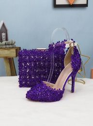 Sandals 2021Ladies Party Dress Shoes And Bag Purple Lace Flower Women Pointed Toe High Heel Bride Wedding Shoe Ankle Strap Pumps8255677