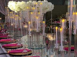 Party Decoration Whole 10 Arms Long Stemmed Modern Clear Acrylic Tube Hurricane Crystal Candle Holders Wedding Table Centerpie2771410