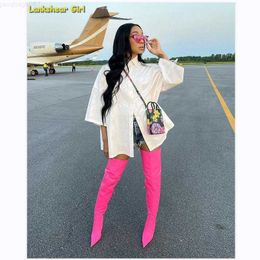 Boots Pointed Toe 417 Stiletto Loose Pink Over the Knee Leather Winter Sexy Slip on Women Long Thigh Boots 230807