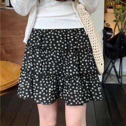 Skirts Summer Black Floral Cake Skirt High Waist Wrap Hip For Women Elegant Korean Fashion Ruffle Casual Short Streetwear