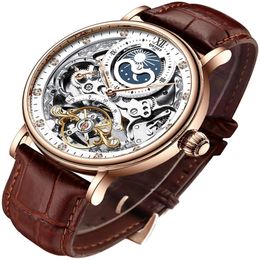 Mens Luxury Skeleton Automatic Mechanical Wrist Watches Leather Moon Phrase Luminous Hands Self-Wind Wristwatch 274m