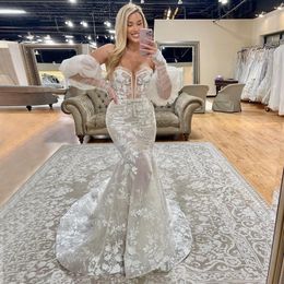 Sparkly Mermaid Lace Wedding Dresses Sequined Bridal Gowns With Detachable Long Sleeves Strapless Plunging Neckline Vestido De Novia