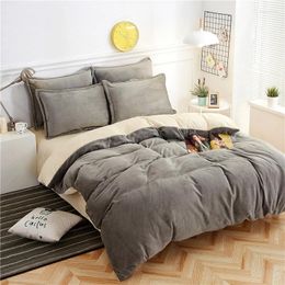 Bedding Sets Brief Style 3 4pcs Flannel Bed Duvet Cover Sheet Pillowcase Solid Silver Grey Red Brown Pink AB Side Warm Use