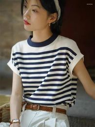 Women's T Shirts French Style Blue White Stripe Knitted T-shirt Women Summer O-Neck Short Sleeves Thin Ice Silk Fabric Top Vintage Elegant