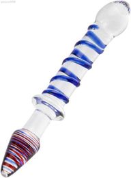 Glass Double Ended Dildo Crystal Penis Cock Dong Anal Butt Plug Pleasure Wand with Blue Spiral for Men Women Stimulation