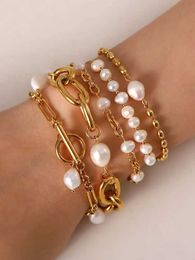 Bangle Uworld Elegant Natural Pearl 18K PVD gold plated Chain Bracelet 361L Stainless Steel Waterproof Jewellery Women Gift bijoux femme 240319 24604