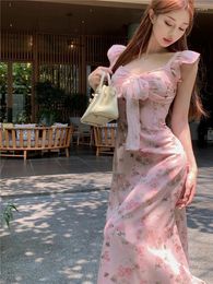 Casual Dresses Bowtie Floral V-neck Flying Sleeve Dress For Women Summer Pink Gentle Long Slim Waist A-line 2024