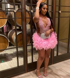 Glitter Pink Festhers Rhinestone Beading Prom Dresses For Blackgirls Mermaid Luxury Birthday Party Gowns For African Women