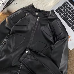 Black motorcycle PU leather jacket retro structural design shoulder bomber jacket korean fashion men coats men jackets 240529