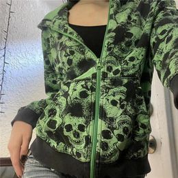 Women's Hoodies Green Graphic Long Sleeve Hooded Tops With Pockets Y2k Aesthetic Hoodie 2000s Gothic Punk Coat Streetwear Women Skull