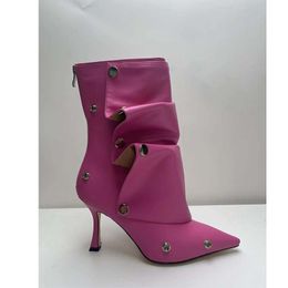 2023 Lady Leather Martin Boots Boots Toe Teli puntati Knight Rivets staccabile 2 Wear Ways per indossare stivaletti con scarpe da sposa con la caviglia con cerniera alla caviglia Siz 34-43