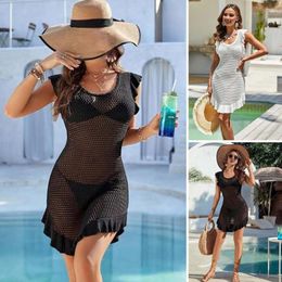 Quick-drying Beach Skirt Stylish Swimwear Cover Up Dress For Women O-neck Crochet Pool Sun Protection Clothing Solid Color