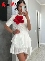 Skirts 2024 Spring Summer Vintage Mini Skirt For Women Cute Elastic Waist White With Flounces Sexy Patchwork Lace A-line