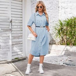 Party Dresses Fashion Single-breasted Solid Summer Dress For Women Vintage Turn-down Collar Belt Washed Loose Denim Clothing