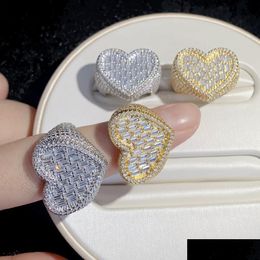 Band Rings Big Heart Shaped Ring Fl Paved White Baguette Cz Iced Out Bling Square Cubic Zircon Fashion Lover Jewellery For Women Men Dr Dhjgx