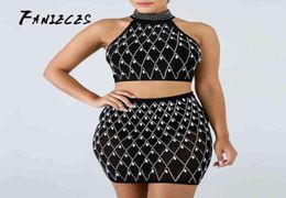 FANIECES summer Women Diamonds Two Piece Set Dress Sleeveless Halter Crop Top and Bodycon Mini Skirt sexy night Club Outfits 210521544098