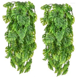 Decorative Flowers 2 PCS Artificial Hanging Plants Fake Vine Rattan Leaves Greeny Outdoor UV Resistant Retail