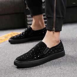 Casual Shoes Men Fashion Rhinestone Slip-on Cow Suede Leather Flats Shoe Party Prom Dress Black Stylish Loafers Brand Designer Footwear