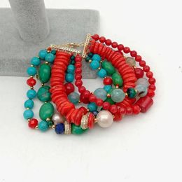 YYGEM 5 Strands natural freshwater Pearl round Turquoise rondelle Coral Lapis Crystal statement Bracelet handmade for women 240603