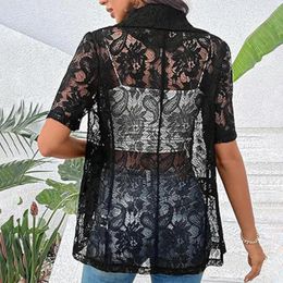 Women's Blouses Short Sleeve Lace Blouse Elegant Cardigan With Lapel Decorative Pockets Suit Coat Featuring