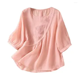 Women's Blouses Solid Colour Top Embroidered Flower Pattern Casual Shirt Stylish Three-quarter Sleeve With Asymmetric Hem Loose Fit