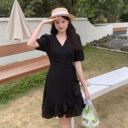 Party Dresses 2024 Black V Neck Ruffled Mini Dress Japanese Summer Women Girl Short Birthday Cute Clothing Korean Fashion