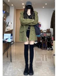 Women's Suits 2024 Autumn/Winter Arrival European Vintage Green Chic Style Woolen Suit Jacket Top For Women