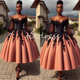 Unique Aso Ebie Prom Dresses 2024 Contrast A Line Midi Nigeria Evening Dress Tea Length Puff Sleeves Black Women Lace Birthday Dress Cocktail Formal Vestios De Gala